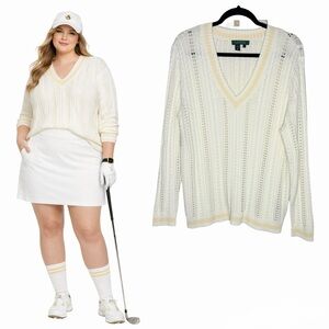 Lauren Ralph Lauren Varsity V-Neck Sweater Size 2X Cream Cable Knit Tennis Prep